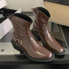 New Retro Thick Heel Ankle Boots for Women Fashion Designers Embroidery Short Boots Metal Buckle Design Punk Knight Boots