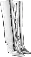Metallic Silver Leather Wedge Heel Knee High Boots
