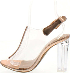 Beige Clear Lucite Ankle Strap Peep Toe Chunky Clear Heel Sandal