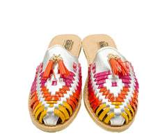 Handmade Leather Flat Red/Silver Tassel Sandals