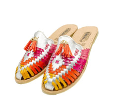 Handmade Leather Flat Red/Silver Tassel Sandals