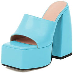 Square Peep Toe Blue Slip On Chunky High Heel Platform Sandals