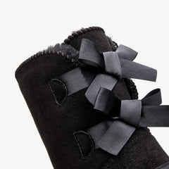 Stylish Back Bow Fur Lined Comfy Black Suede Winter Boots