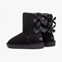 Stylish Back Bow Fur Lined Comfy Black Suede Winter Boots