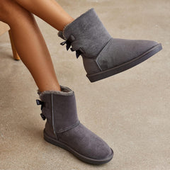 Stylish Back Bow Fur Lined Comfy Navy Blue Suede Winter Boots