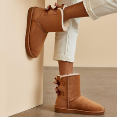 Stylish Back Bow Fur Lined Comfy Grey Suede Winter Boots