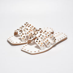 White Chic Stylish Studded Flat Summer Sandals