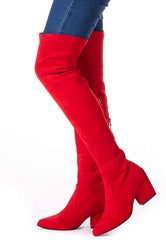 Winter Red Suede Over Knee Chunky Heel Boots