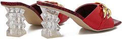 Chain Detail Red Square Toe Lucite Chunky Heel Sandals