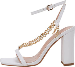 Square Open Toe White Chain Ankle Strap Sandals
