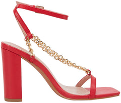 Square Open Toe Red Chain Ankle Strap Sandals