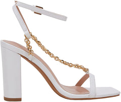 Square Open Toe White Chain Ankle Strap Sandals
