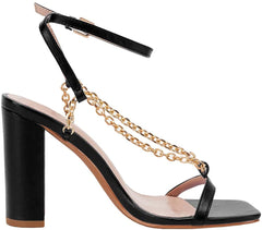 Square Open Toe Black Chain Ankle Strap Sandals