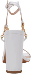 Square Open Toe White Chain Ankle Strap Sandals