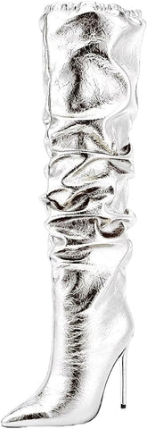 Shiny Silver Metallic Knee High Ruched Stiletto Boots
