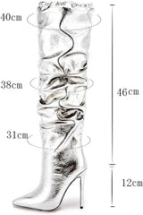 Shiny Silver Metallic Knee High Ruched Stiletto Boots
