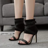 Black Suede Open Toe High Heel Sandal