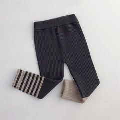 Asymmetric Color Block Striped High Waist Chunky Ribbed Knit Girls Leggings