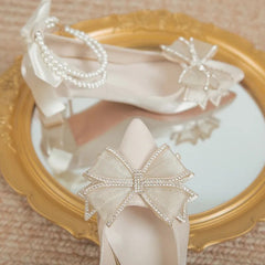Bridal Shoes 2024 New Flower High Heel Pumps Women Elegant Pearl Strap Wedding Party Shoes Woman Silk Pointed Toe Zapatos Mujer