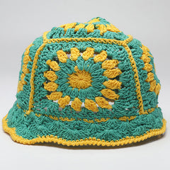 Boho Style Bloom Floral Hand Made Knit Crochet Granny Square Bucket Hat