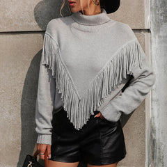 Boho Western Style V Shaped Fringe Turtleneck Long Sleeve Pullover Sweater