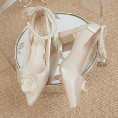 Bridal Shoes 2024 New Flower High Heel Pumps Women Elegant Pearl Strap Wedding Party Shoes Woman Silk Pointed Toe Zapatos Mujer