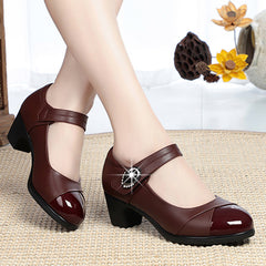 Crystal Button Med Heels Mary Janes Women 2024 New Comfort Soft Bottom Moccasins Shoes Woman Square Heel Casual Shoes