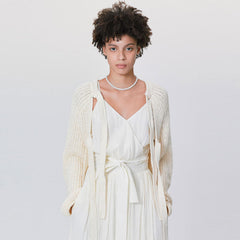 Casual Beige Dual Strap Self Tie Textured Pointelle Knit Oversized Cardigan