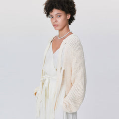 Casual Beige Dual Strap Self Tie Textured Pointelle Knit Oversized Cardigan