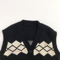 Casual Geometric Jacquard Knit V Neck Sleeveless Button Front Boys Cardigan