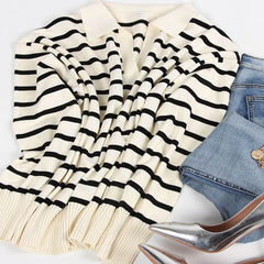 Casual White Striped V Neck Long Sleeve Fold Over Collared Knit Sweater
