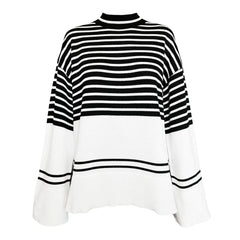 Chic High Neck Drop Shoulder Black And Beige Striped Sweater