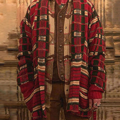 Christmas Checked Striped Shawl Collar Open Front Men Winter Long Knit Cardigan