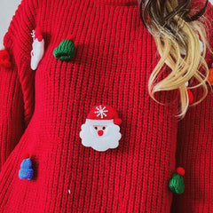 Christmas Santa Hat Applique Long Sleeve Oversized Ribbed Knit Sweater