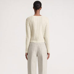Classic Ribbed Knit Round Neck Long Sleeve Cable Knit Pullover Sweater