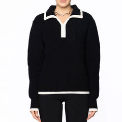 College Style Contrast Trim Ribbed Collared Long Sleeve Wool Knit Sweater