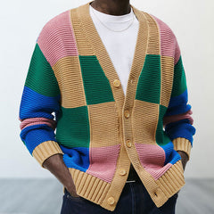 Colorful Plaid Patchwork V Neck Long Sleeve Men Button Up Knit Cardigan