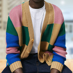 Colorful Plaid Patchwork V Neck Long Sleeve Men Button Up Knit Cardigan