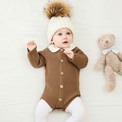Comfy Solid Color Round Neck Long Sleeve Button Front Ribbed Knit Baby Romper