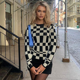 Contrast Checkered Print Crew Neck Long Sleeve Fitted Knit Top