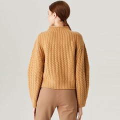 Cozy Yellow Funnel Neck Puff Sleeve Cashmere Blend Cable Knit Sweater