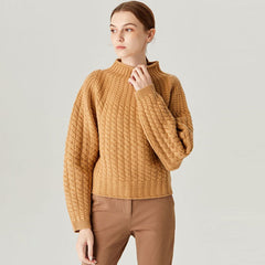 Cozy Yellow Funnel Neck Puff Sleeve Cashmere Blend Cable Knit Sweater