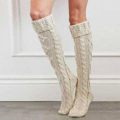 Cozy Monochrome Color Thigh High Chunky Cable Knit Socks
