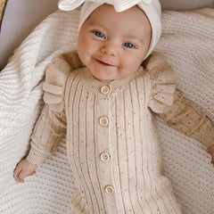 Cute Crew Neck Ruffle Trim Long Sleeve Button Front Ribbed Knit Baby Onesie
