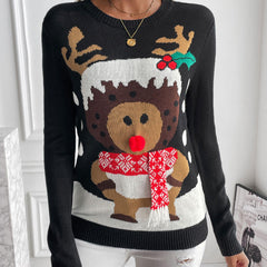 Cute Pom Pom Reindeer Crew Neck Long Sleeve Knit Pullover Christmas Sweater