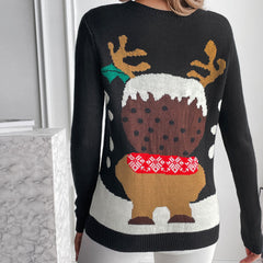 Cute Pom Pom Reindeer Crew Neck Long Sleeve Knit Pullover Christmas Sweater