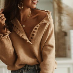 Cute Ruffle Trim Long Sleeve Half Button Up Khaki Pullover Sweater