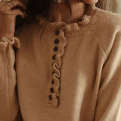Cute Ruffle Trim Long Sleeve Half Button Up Khaki Pullover Sweater