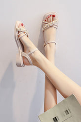 White soft-soled summer flat sandals for women with skirt