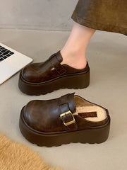 Belt Buckle Round-Toe Split-Joint Loafers Platform Shoes Slippers&Mules
